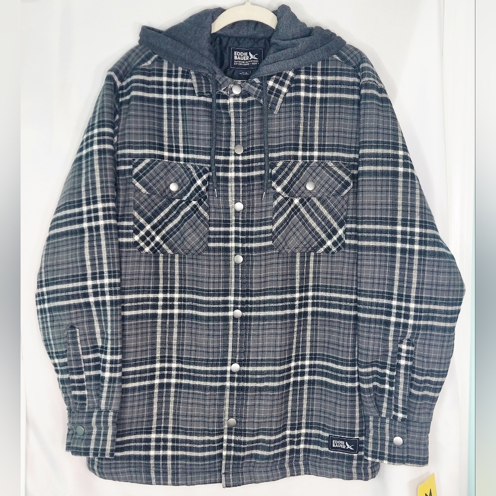 Eddie Bauer Black/Gray Plaid Hooded Schacket Mens Size Medium NWT Casual Utility
